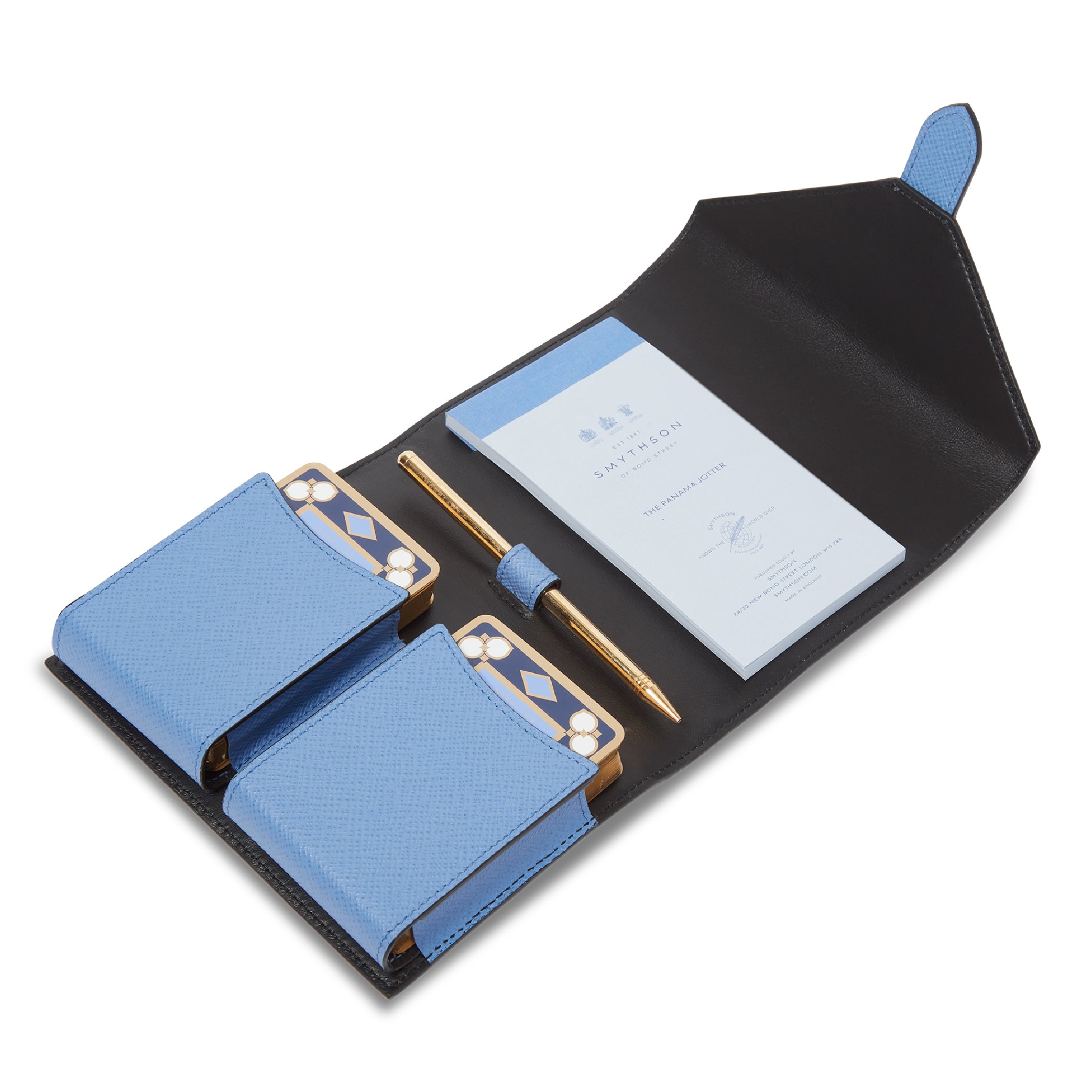 SMYTHSON_Double Playing Cards Case in Nile Blue Panama_Open Picture